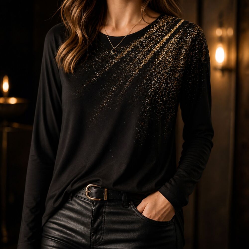 black gold metallic glam top y2k holiday sparkle long sleeve Karen kane M